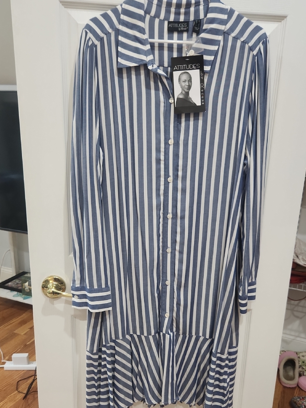 ATTITUDE BY RENEE MIDI SHIRT DRESS, SZ L, BLUE & WHITE, LONG SLEEVE,